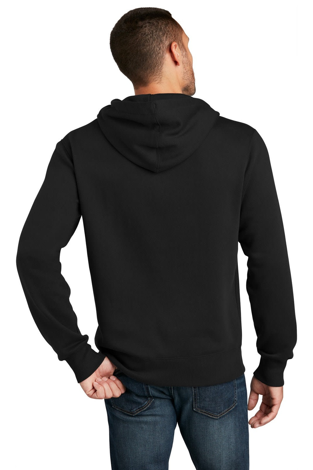 A black fleece hoodie with a hood, featuring a back view of a person wearing it.