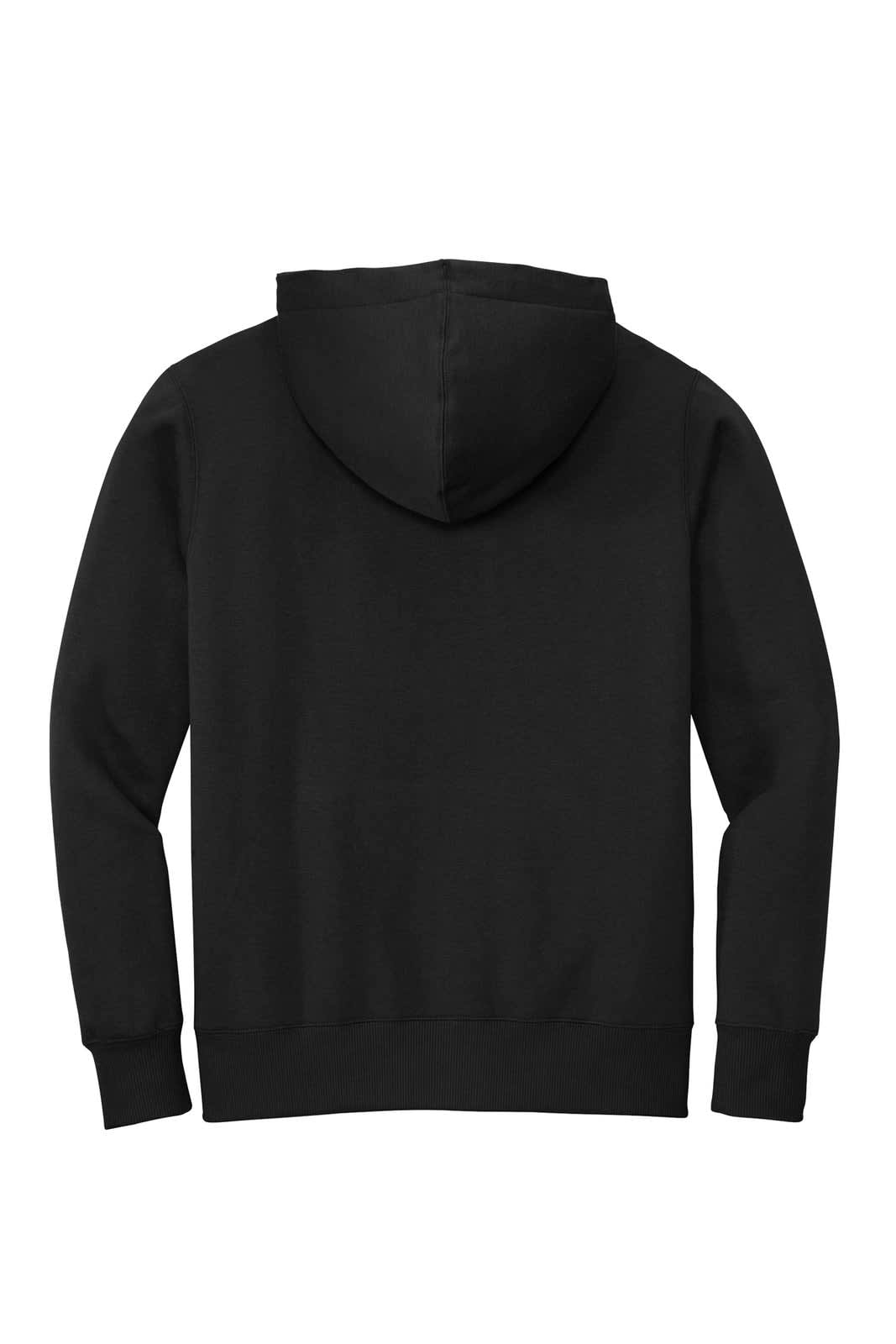 A black hoodie with a kangaroo pocket and a hood, featuring a logo on the back.