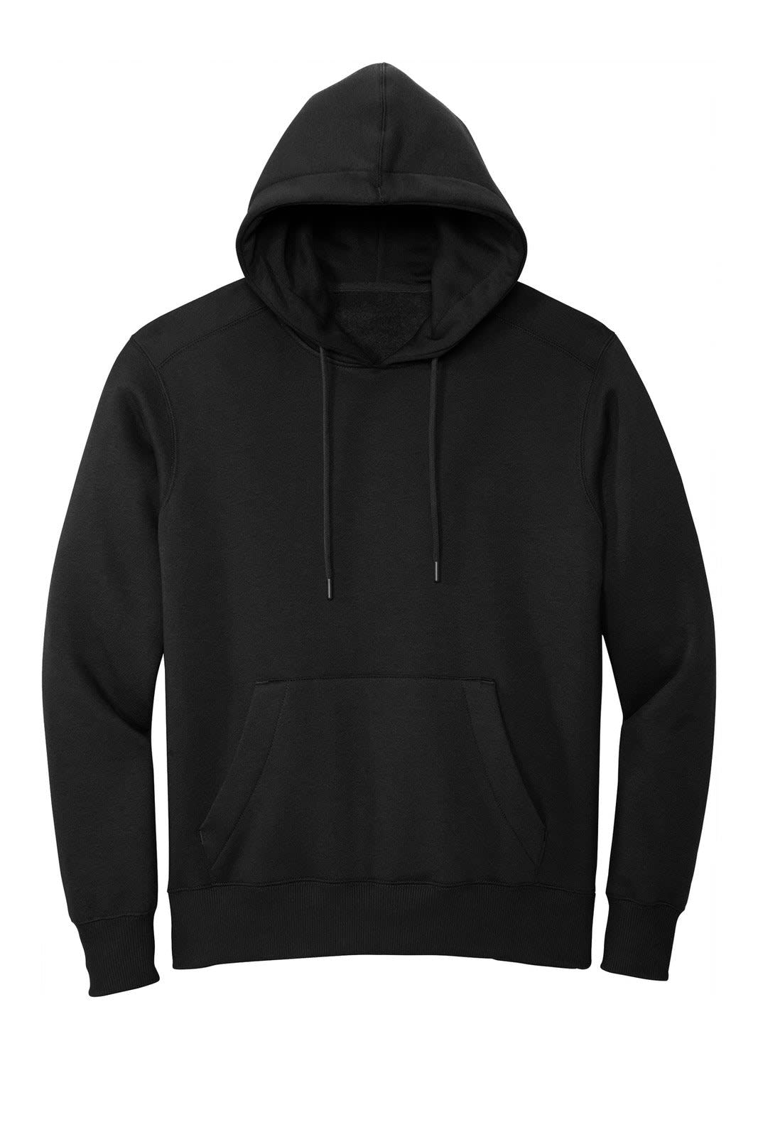 A black fleece hoodie featuring a hood, drawstrings, and a front pocket. It has a logo on it.