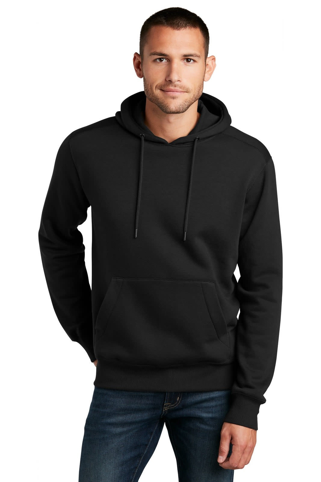 A black fleece hoodie featuring a front pocket and adjustable drawstrings, worn by a model against a white background.