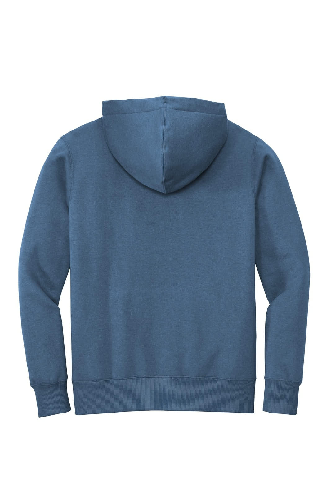 A blue fleece hoodie with a hood and long sleeves, featuring a logo on the back.