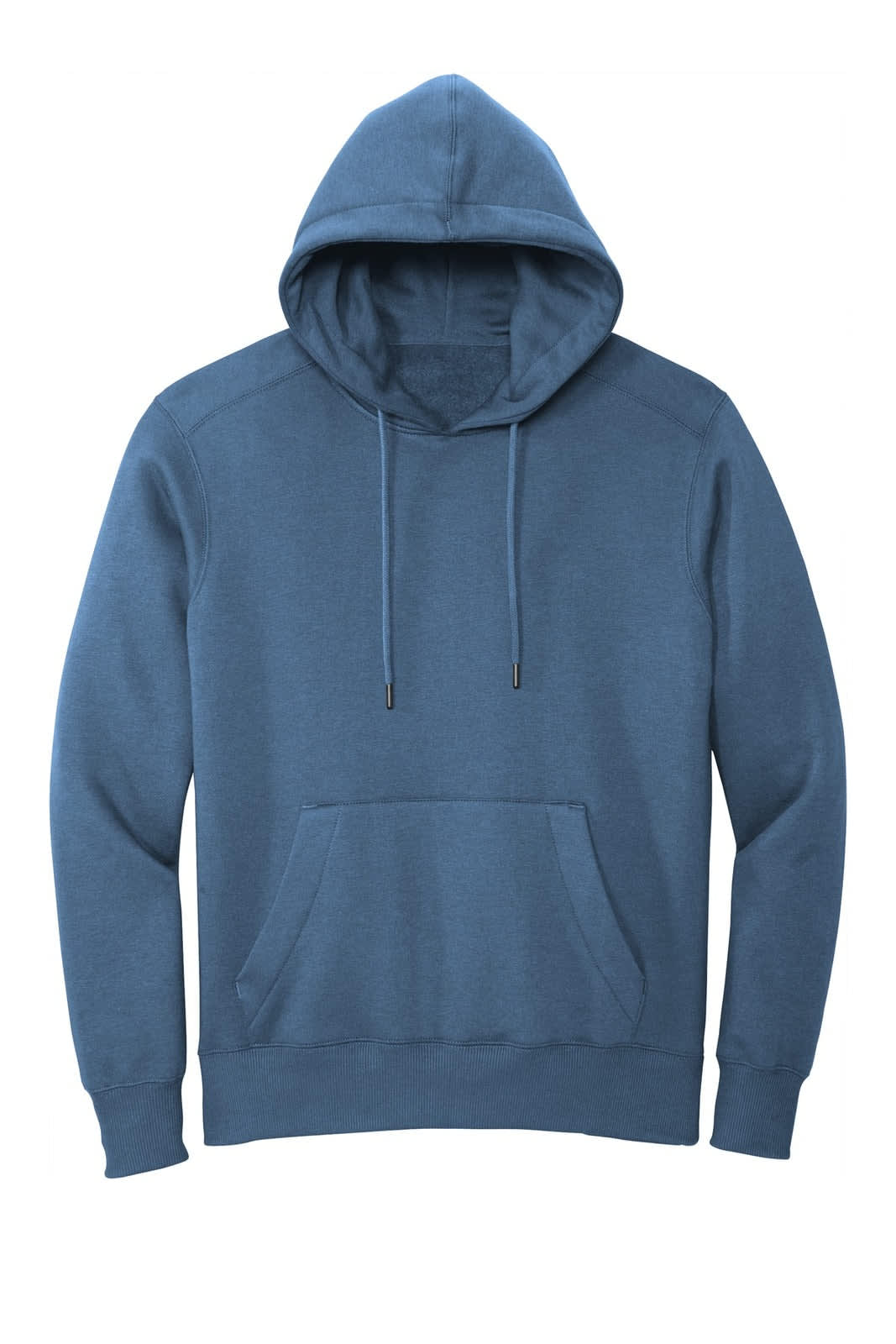 A blue fleece hoodie featuring a large front pocket and drawstrings on the hood, with a logo present.