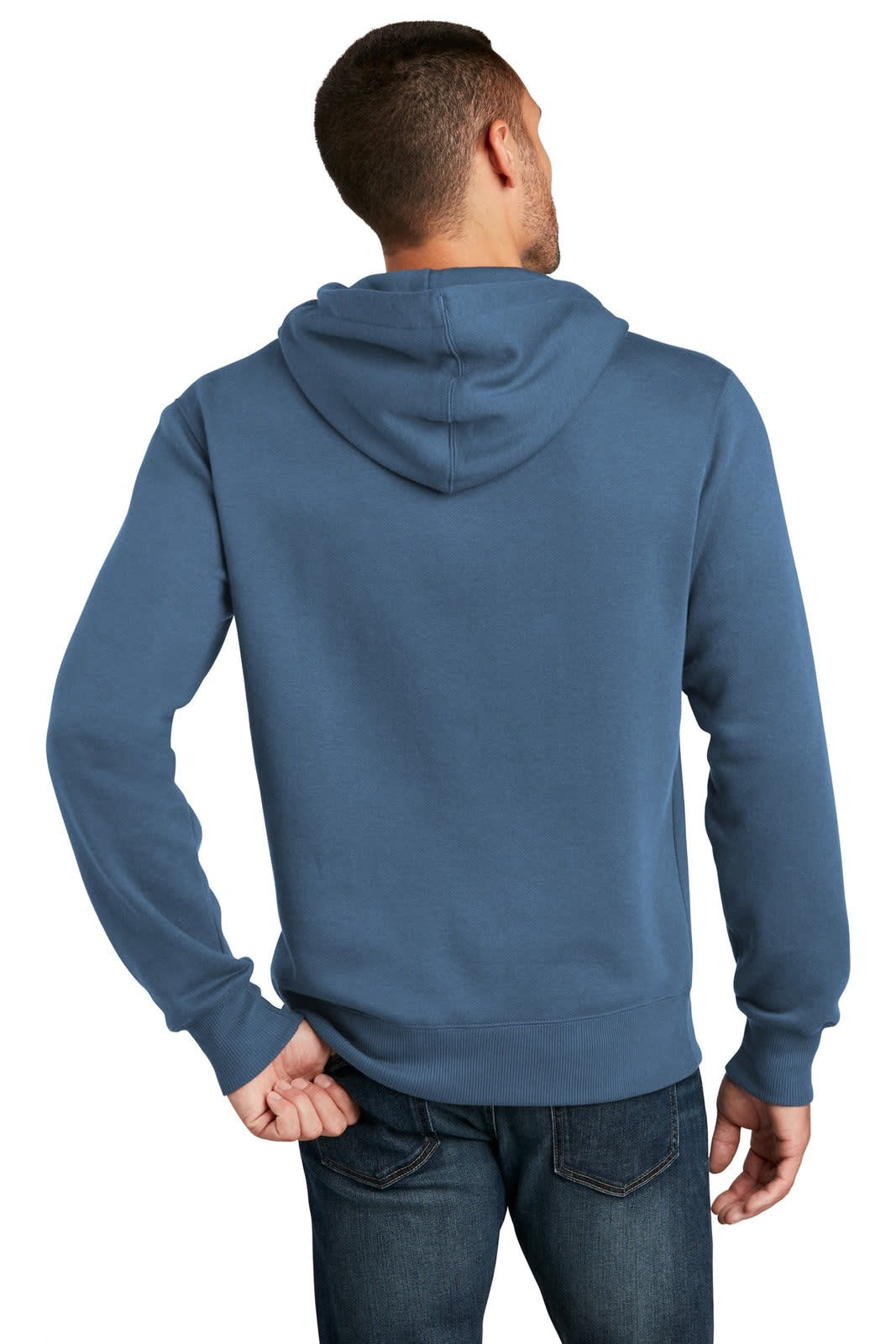 A blue fleece hoodie with a hood, featuring a logo, displayed from the back on a model.