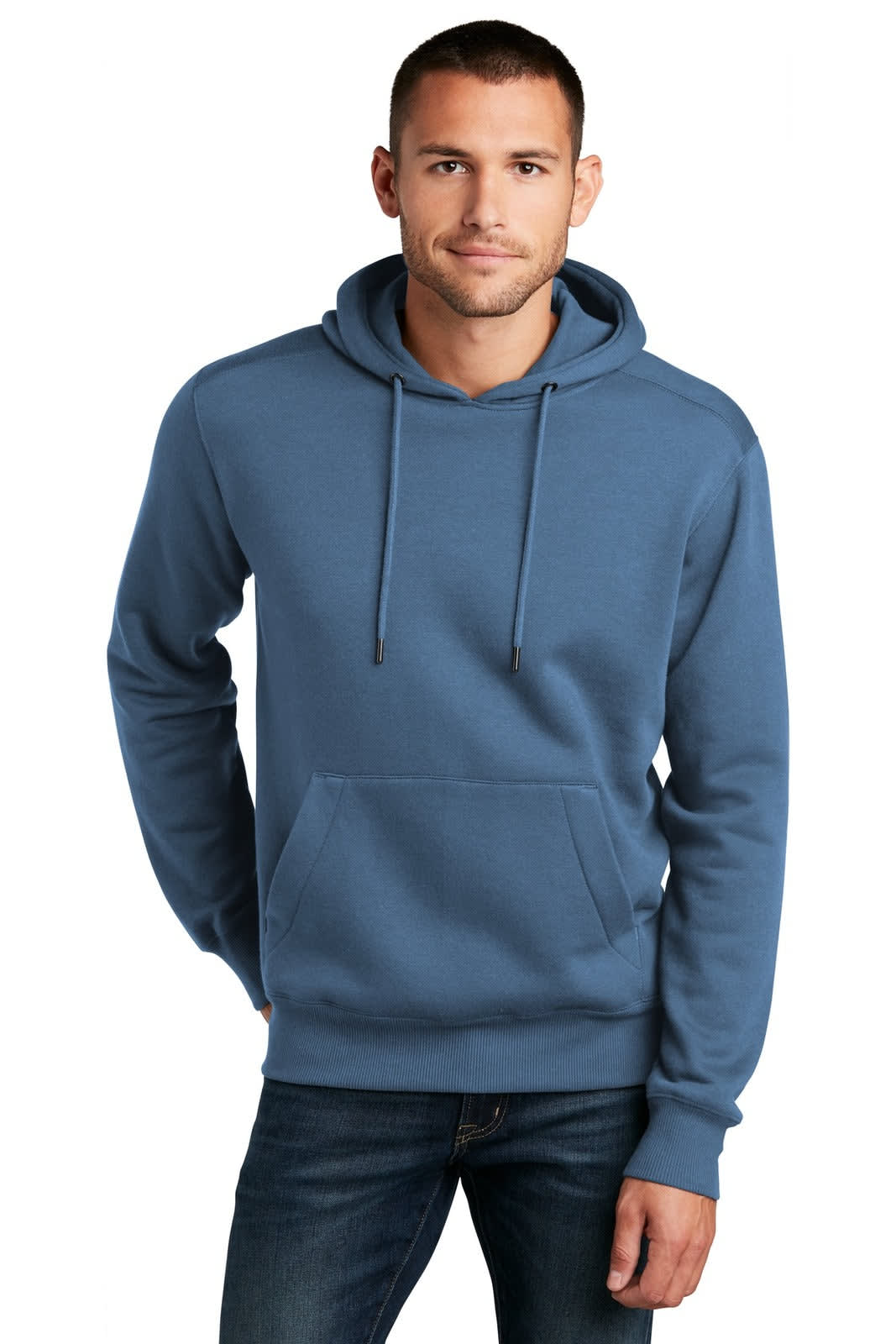 A blue fleece hoodie with a front pocket and a hood, featuring a logo on the chest.