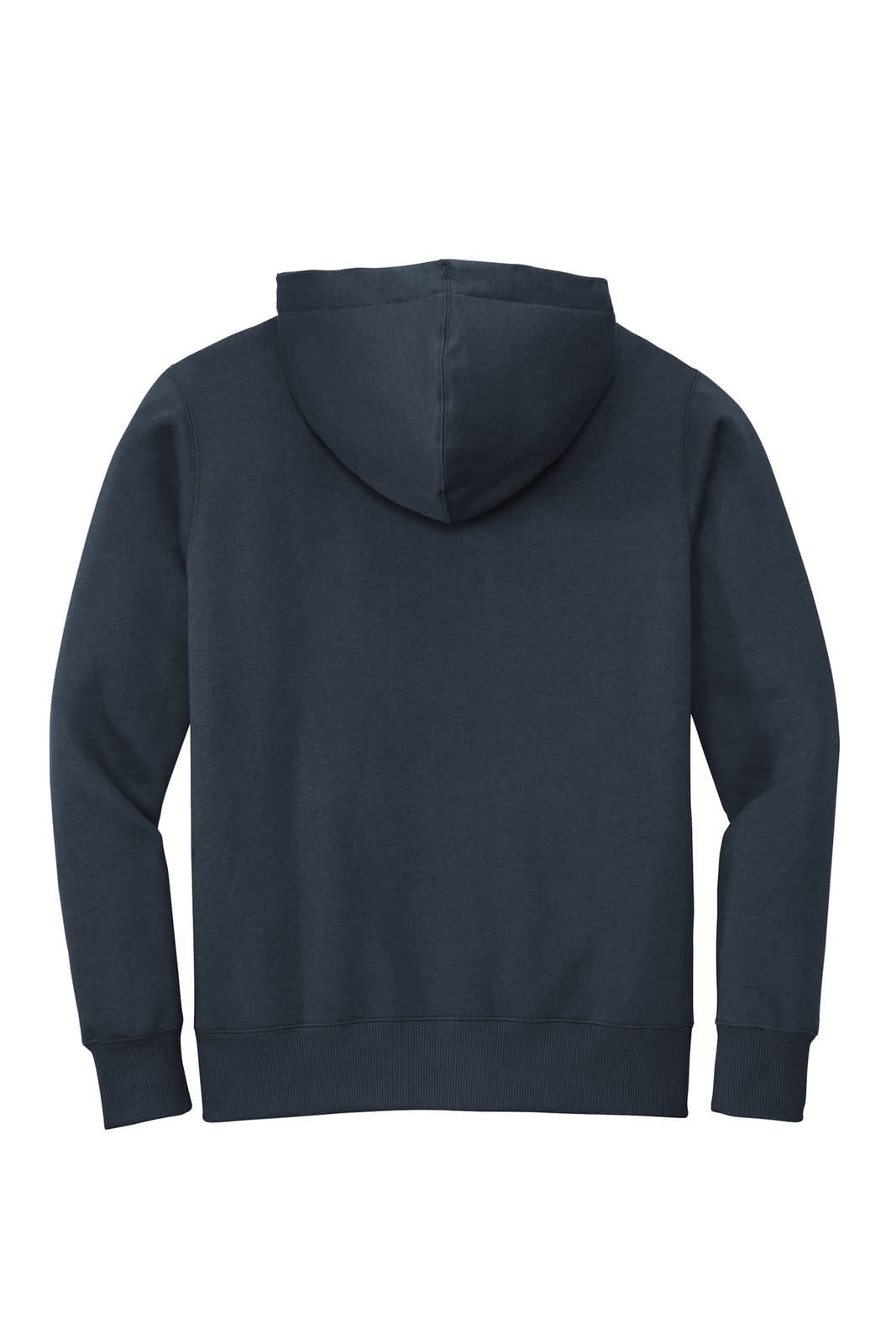 A navy fleece hoodie featuring a kangaroo pocket and a hood, with a logo on the back.