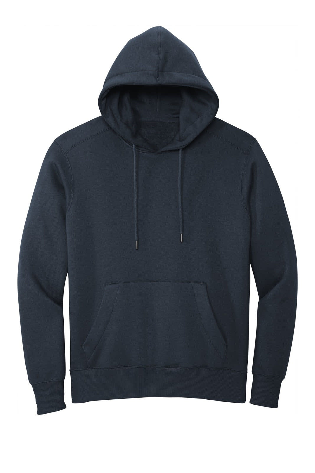 A navy blue fleece hoodie featuring a front pocket and a drawstring hood, with a logo on the front.