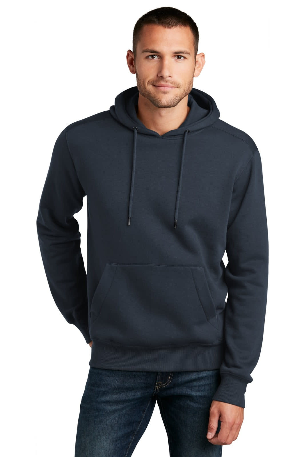 A navy fleece hoodie featuring a front pocket and drawstrings, worn by a model. The hoodie has a logo on it.