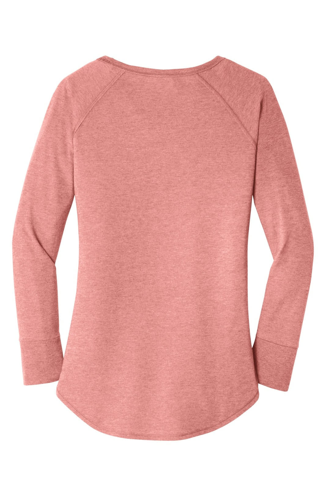 A long sleeve shirt in a soft rose colour with a rounded neckline and tapered sleeves. It features a brand logo.