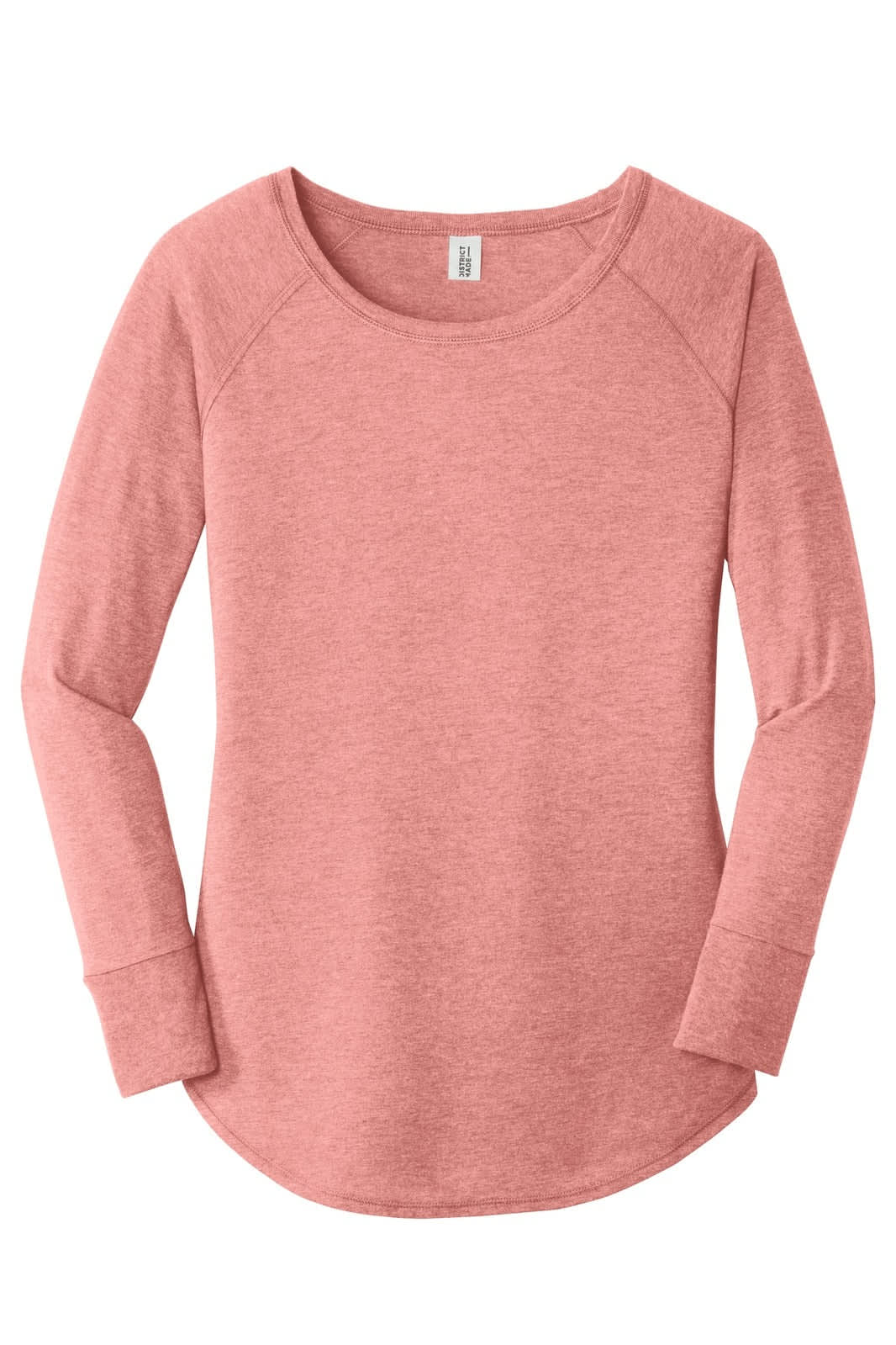 A long sleeve shirt in a soft pink hue with a rounded neckline and a logo on the label.