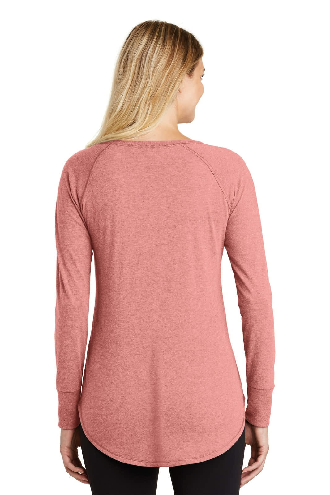 A long-sleeve, rose-coloured ladies' shirt featuring a rounded hem and a back view. Includes a logo.