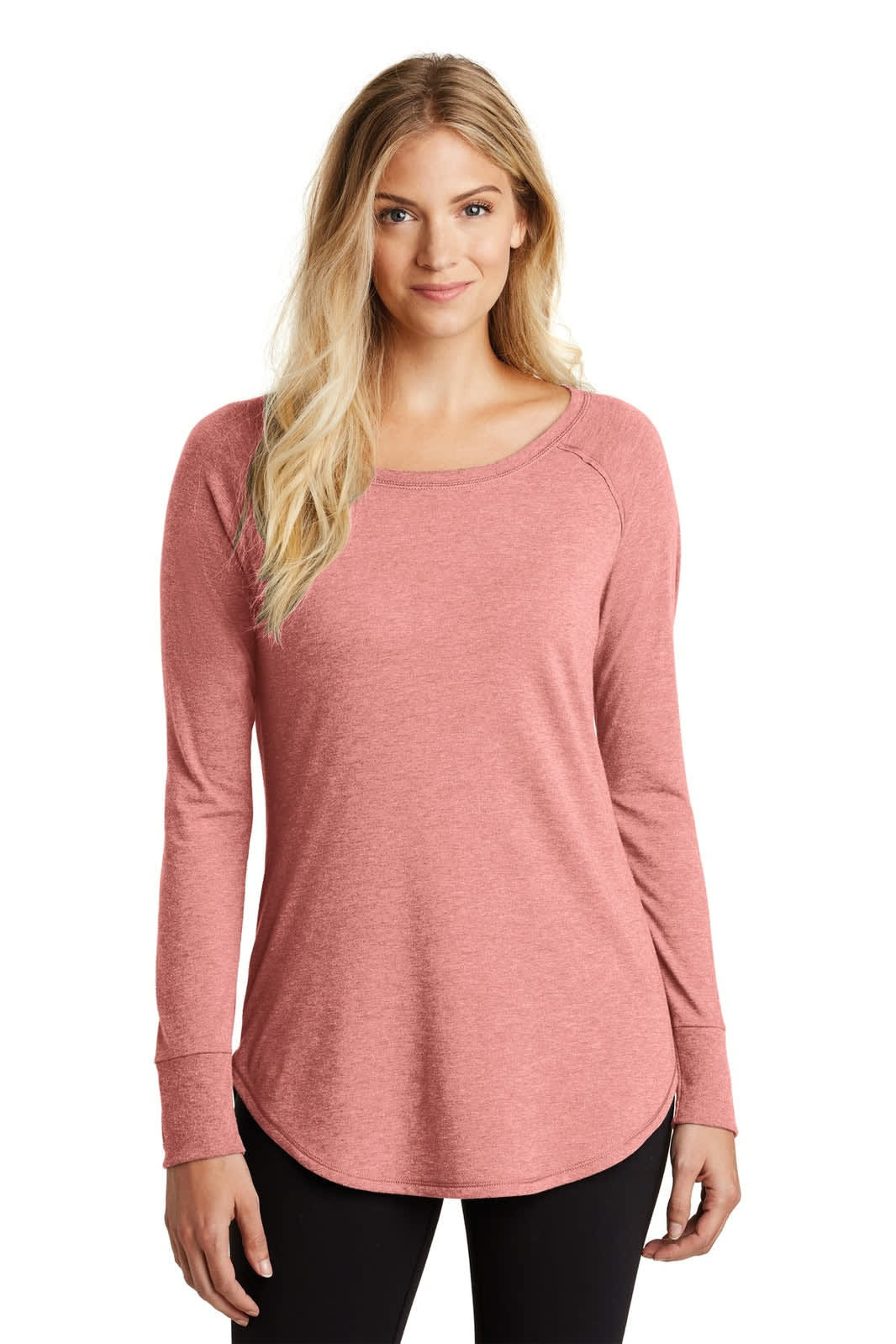 A long sleeve, crew neck top in a soft rose pink colour, featuring a relaxed fit and curved hemline.