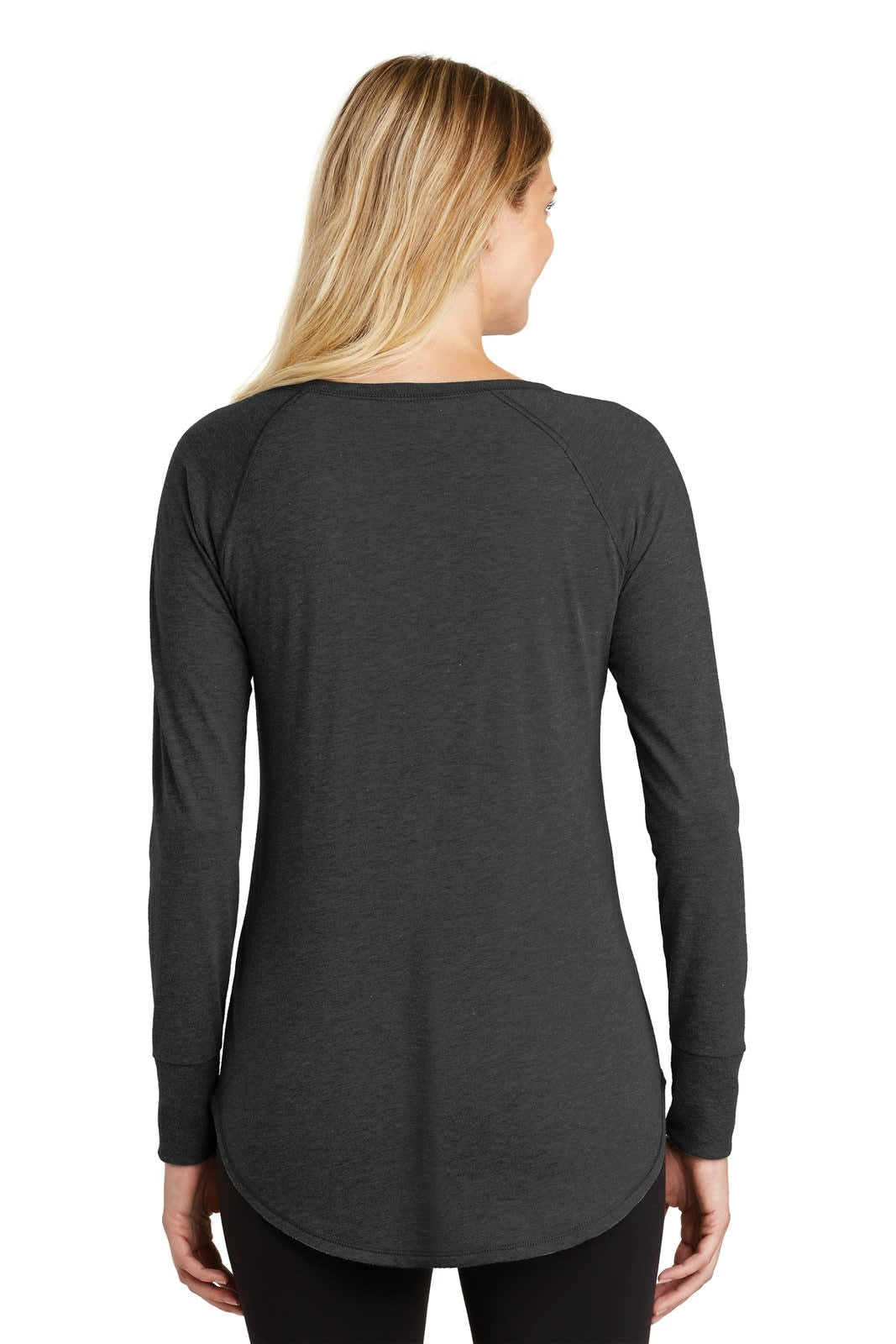 A long-sleeve shirt in dark grey, featuring a rounded hem and raglan sleeves. The back view shows a simple design with a logo.