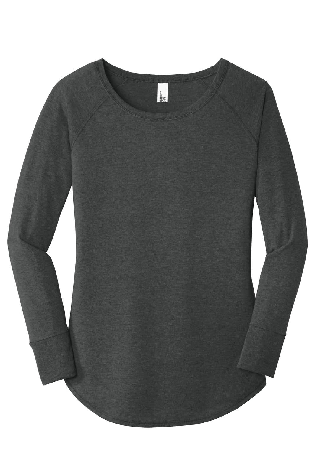 A dark grey long sleeve shirt with a rounded neckline and a logo on the label.