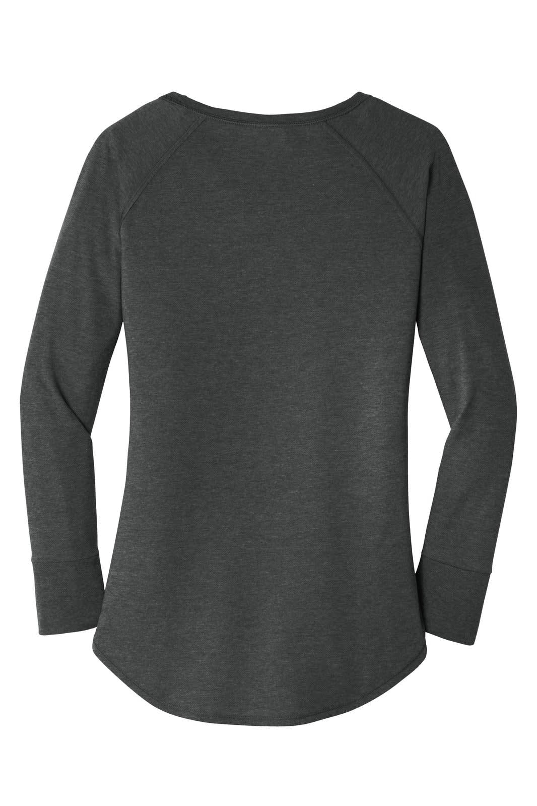 A long-sleeve shirt in dark grey with a rounded neckline and raglan sleeves, featuring a logo.