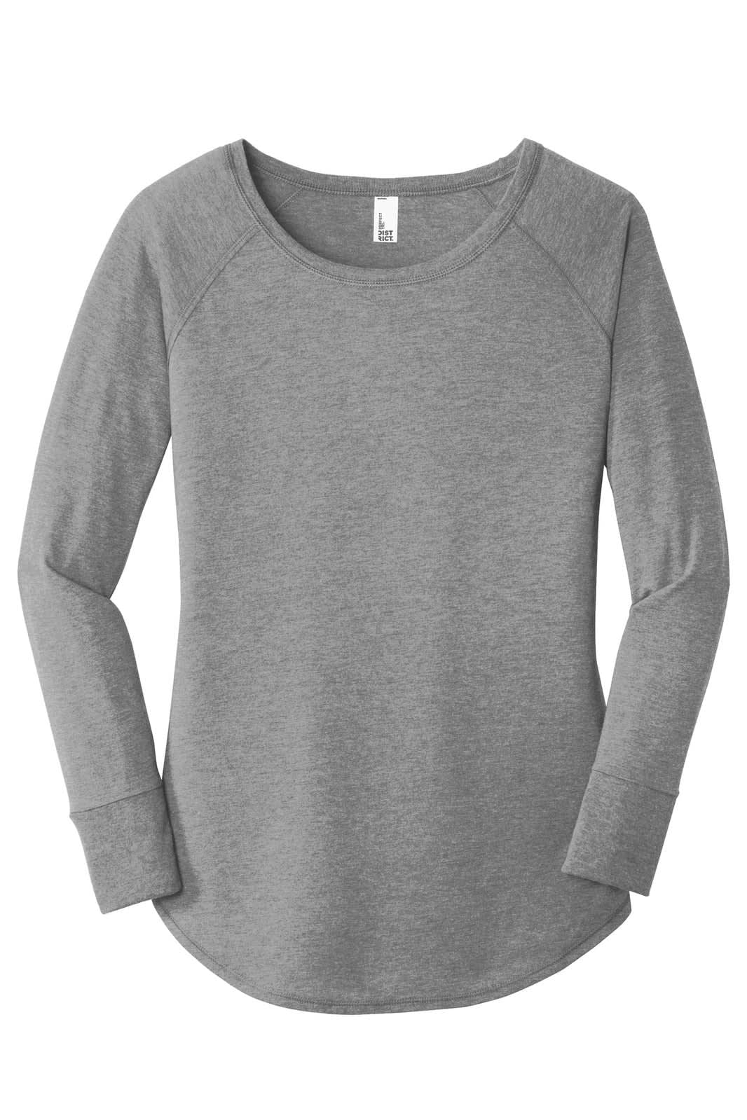 A grey long sleeve shirt with a rounded neckline and a logo on the label.