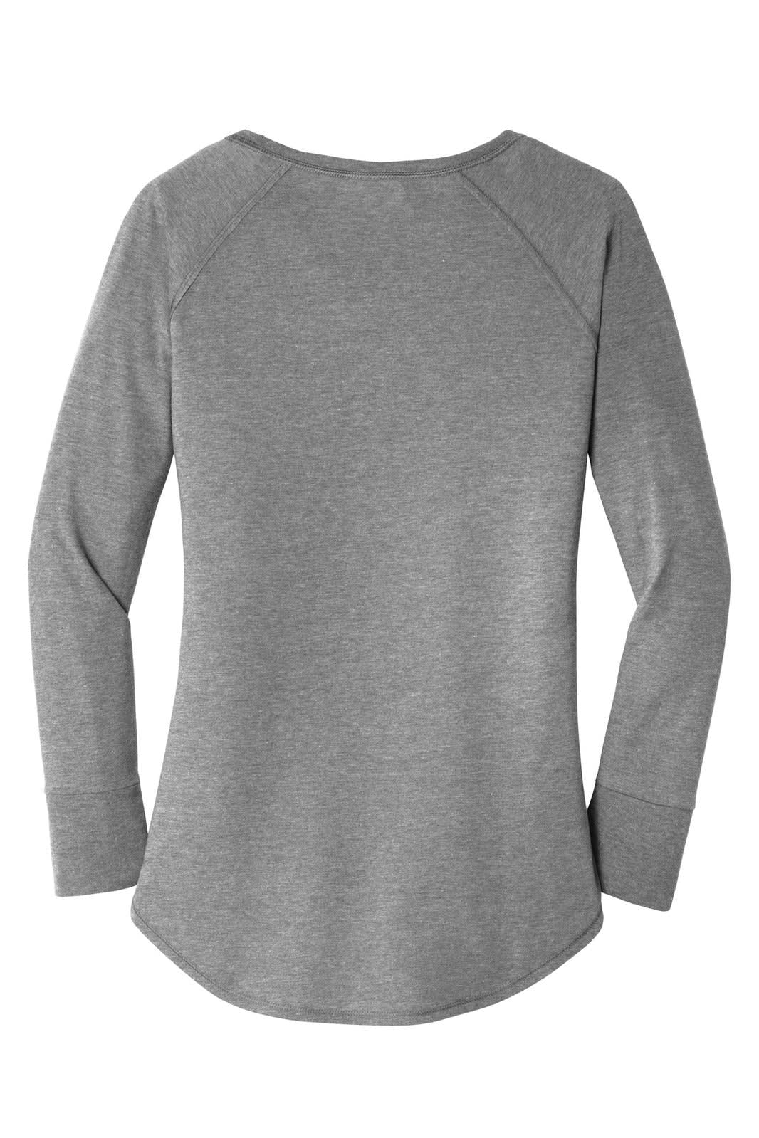 A grey long sleeve shirt with a curved hem and raglan sleeves. It has a branding logo on the back.