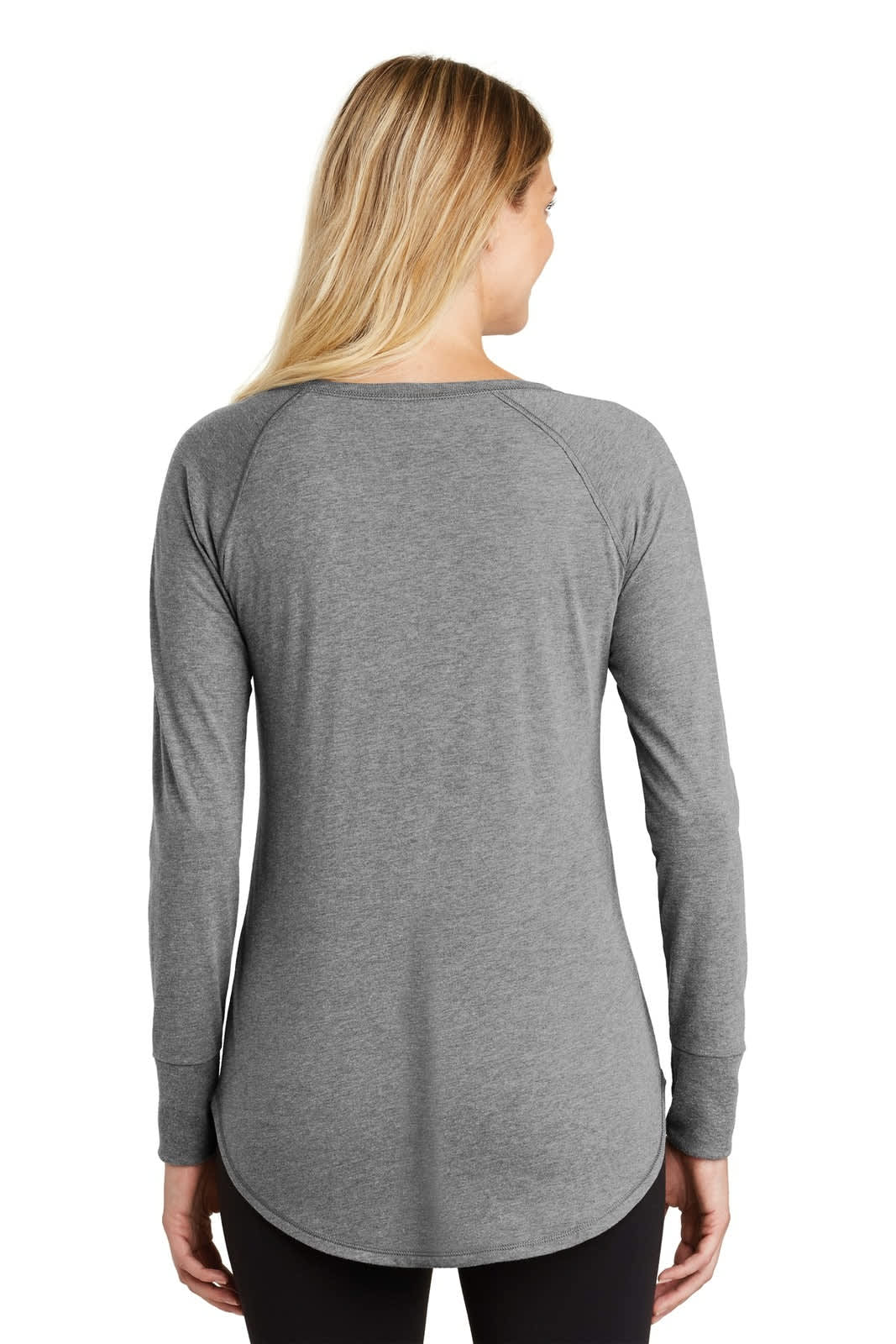 A long-sleeve grey shirt with a relaxed fit and rounded hem, featuring a logo on the back.