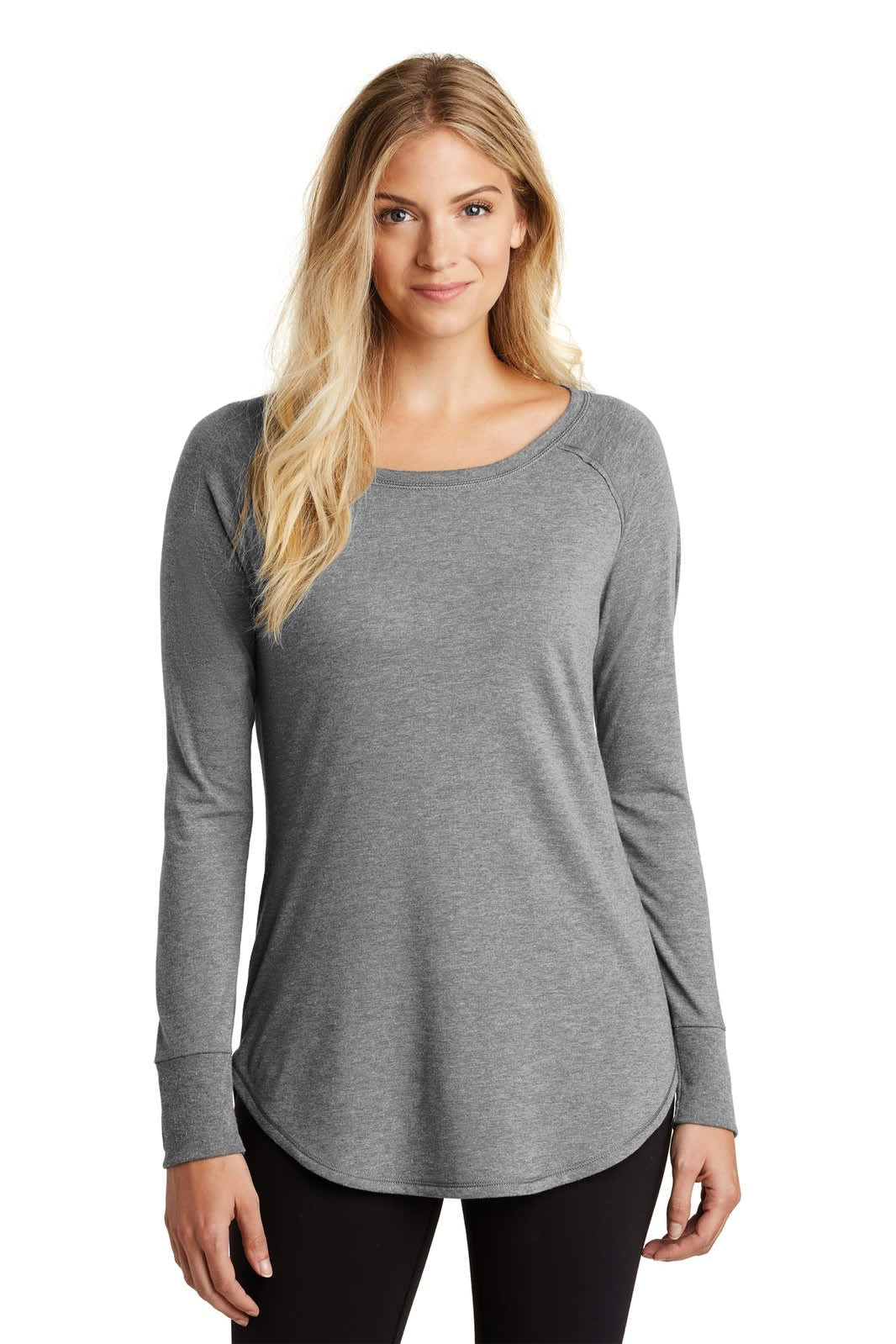 A long-sleeve women's shirt in grey, featuring a rounded hem and a logo on the front.