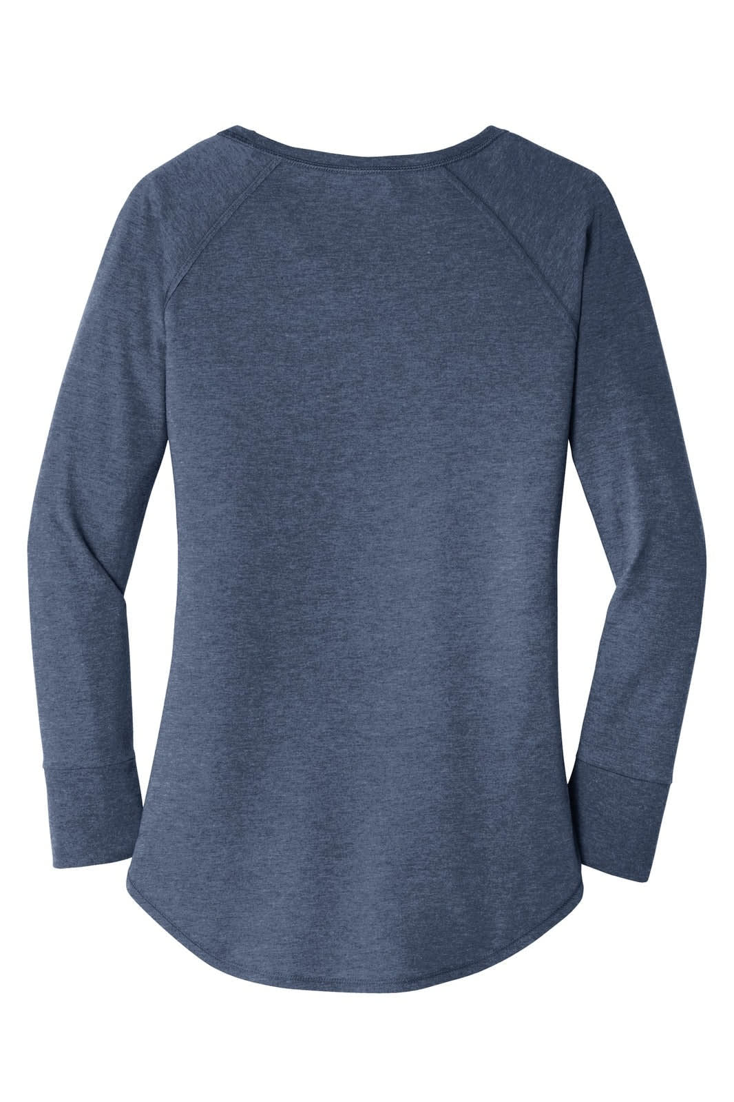 A long-sleeve, navy blue shirt with a rounded neckline and raglan sleeves. It has a logo on the back.