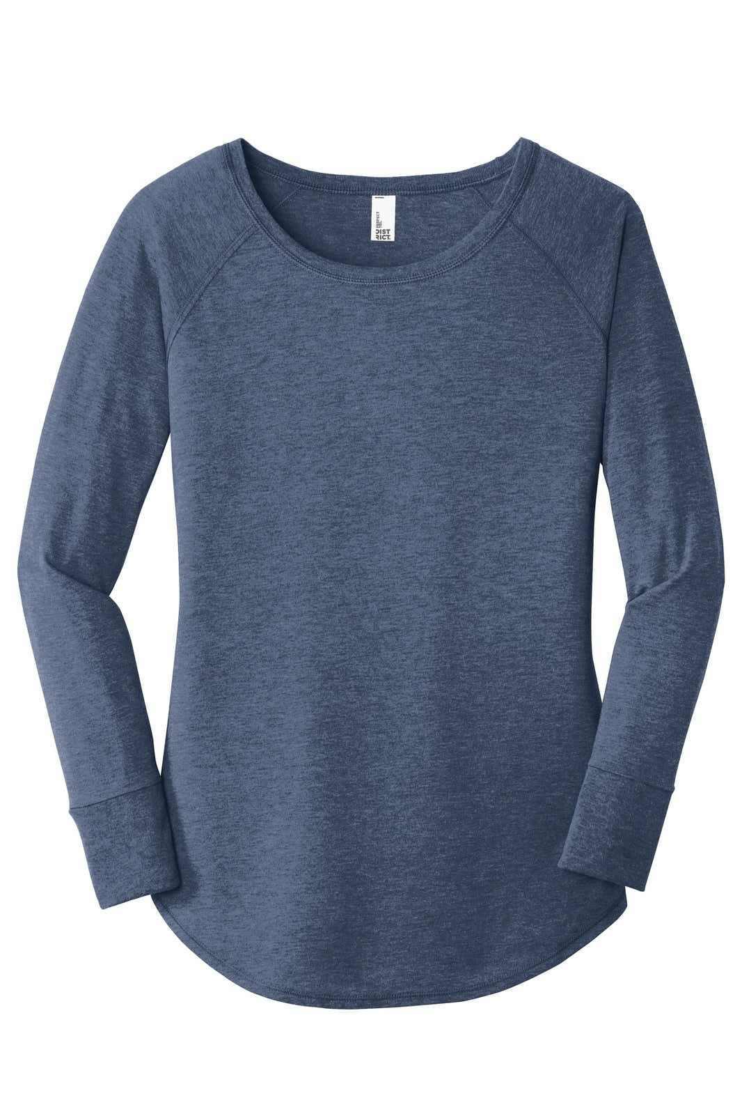 A long sleeve navy blue shirt with a scoop neckline and cuffed sleeves. Features a branding logo.