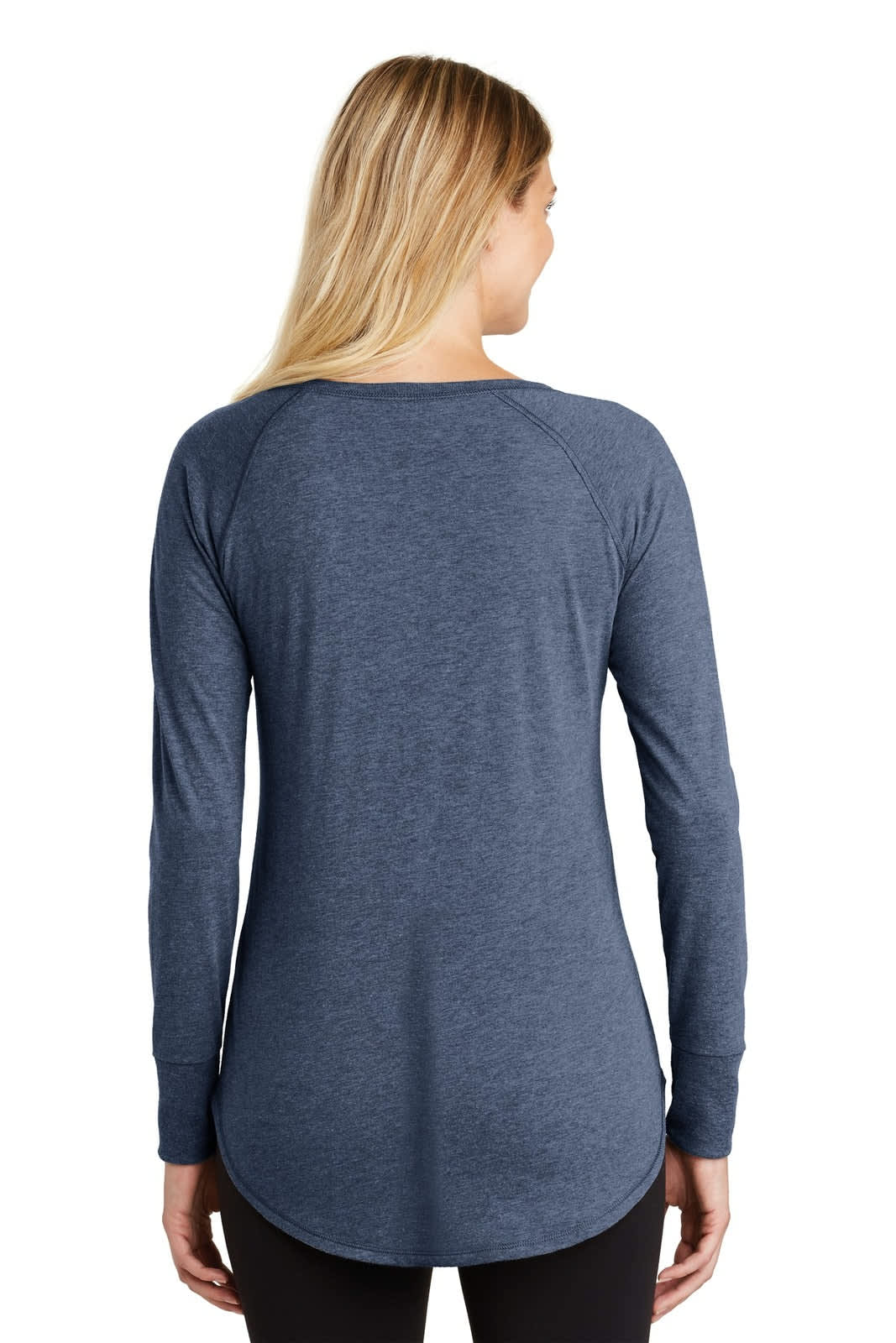 A long-sleeve women's shirt in a dark blue colour, featuring a curved hem and a logo on the back.