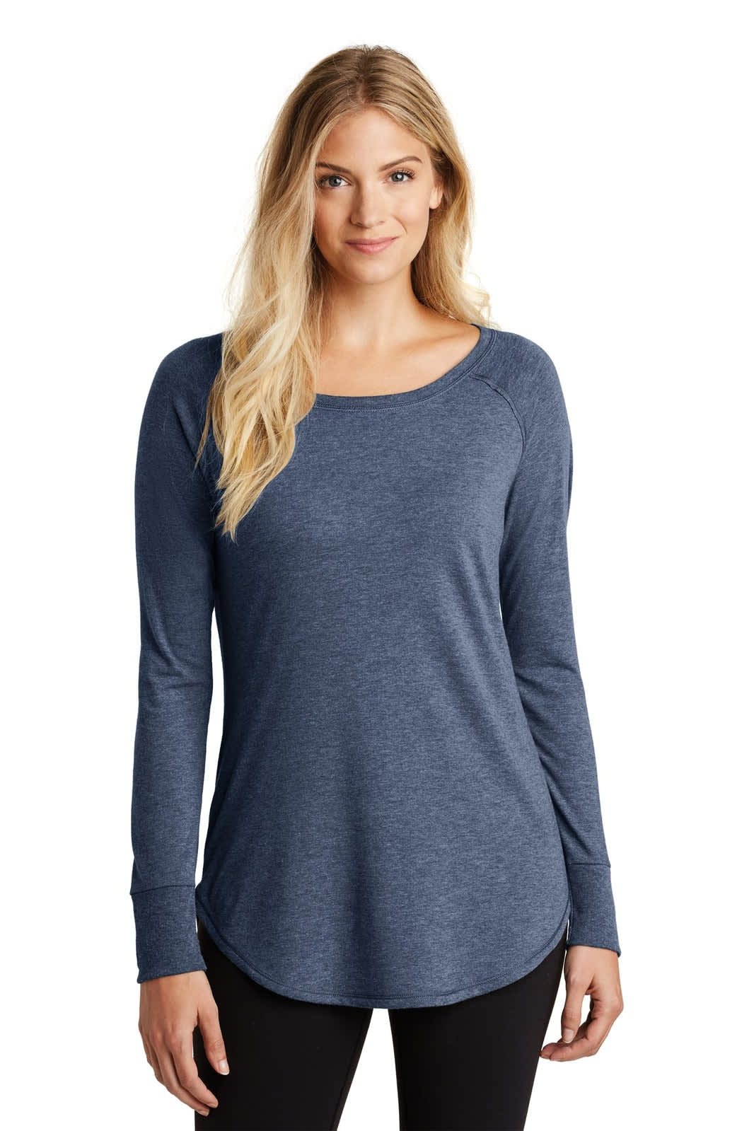 A navy long sleeve women's shirt with a rounded hem and a simple design. It features a logo on the fabric.