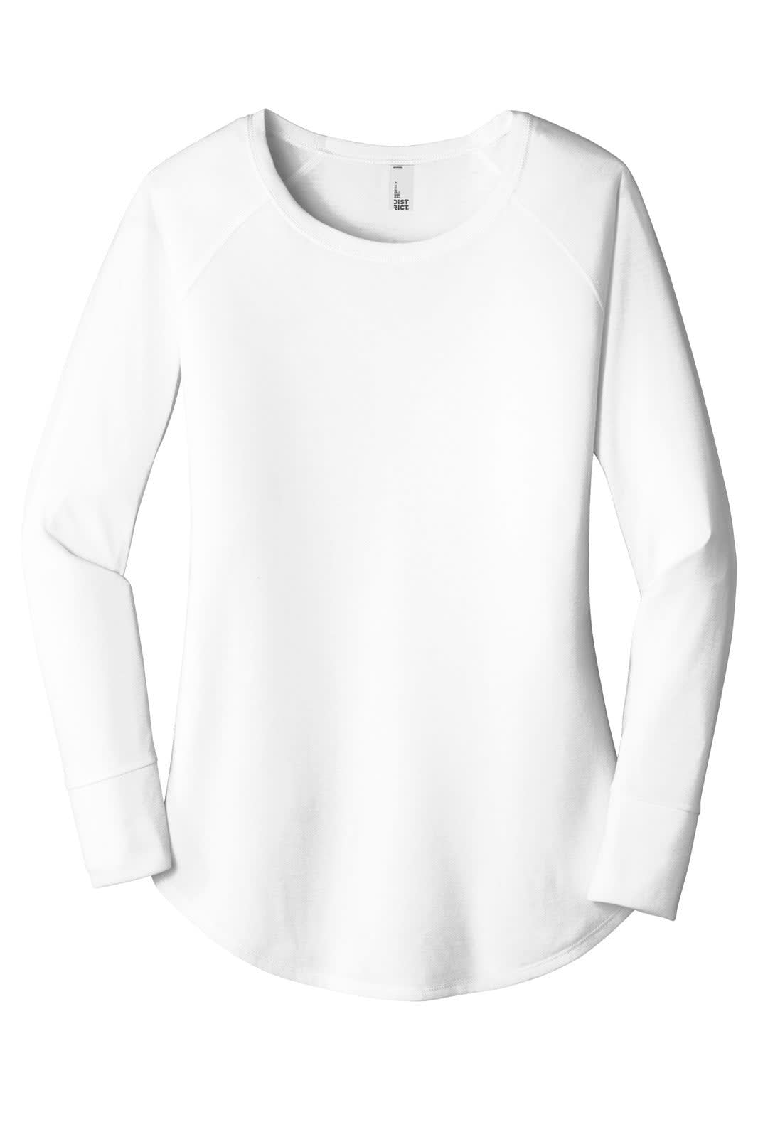 A white long-sleeve shirt with a rounded neckline and a logo on the label.