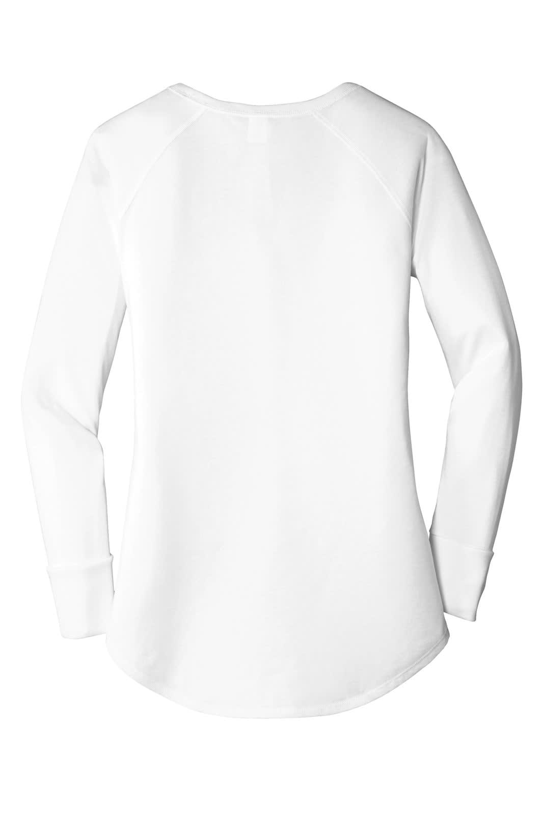 A white long sleeve shirt with a rounded neckline and raglan sleeves, featuring a logo on the back.
