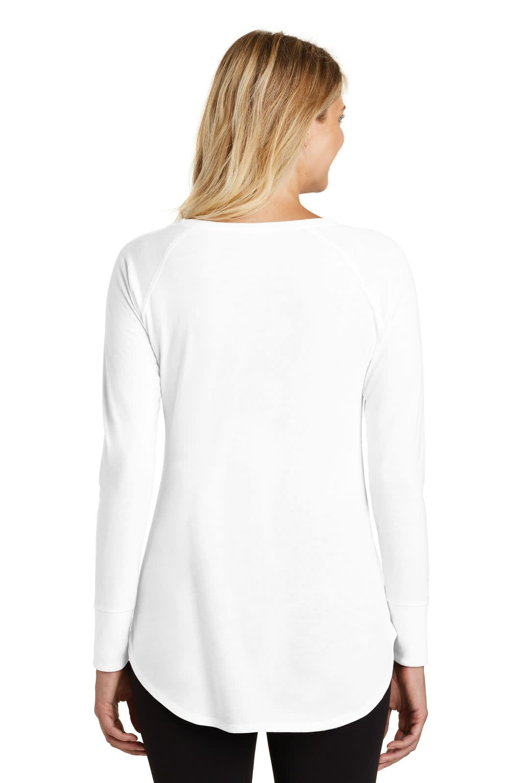 A long sleeve shirt in white, featuring a rounded hem and a logo on the back.
