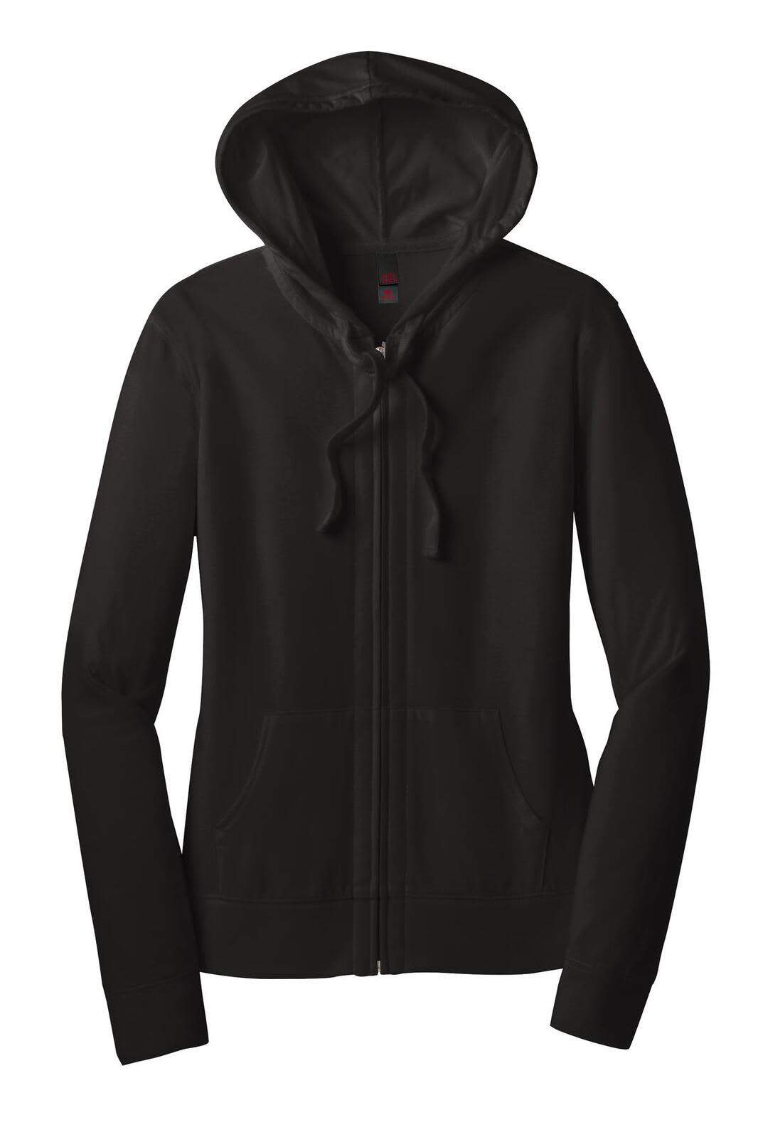 A full-zip hoodie in black with a hood and long sleeves. It features a logo on the front.