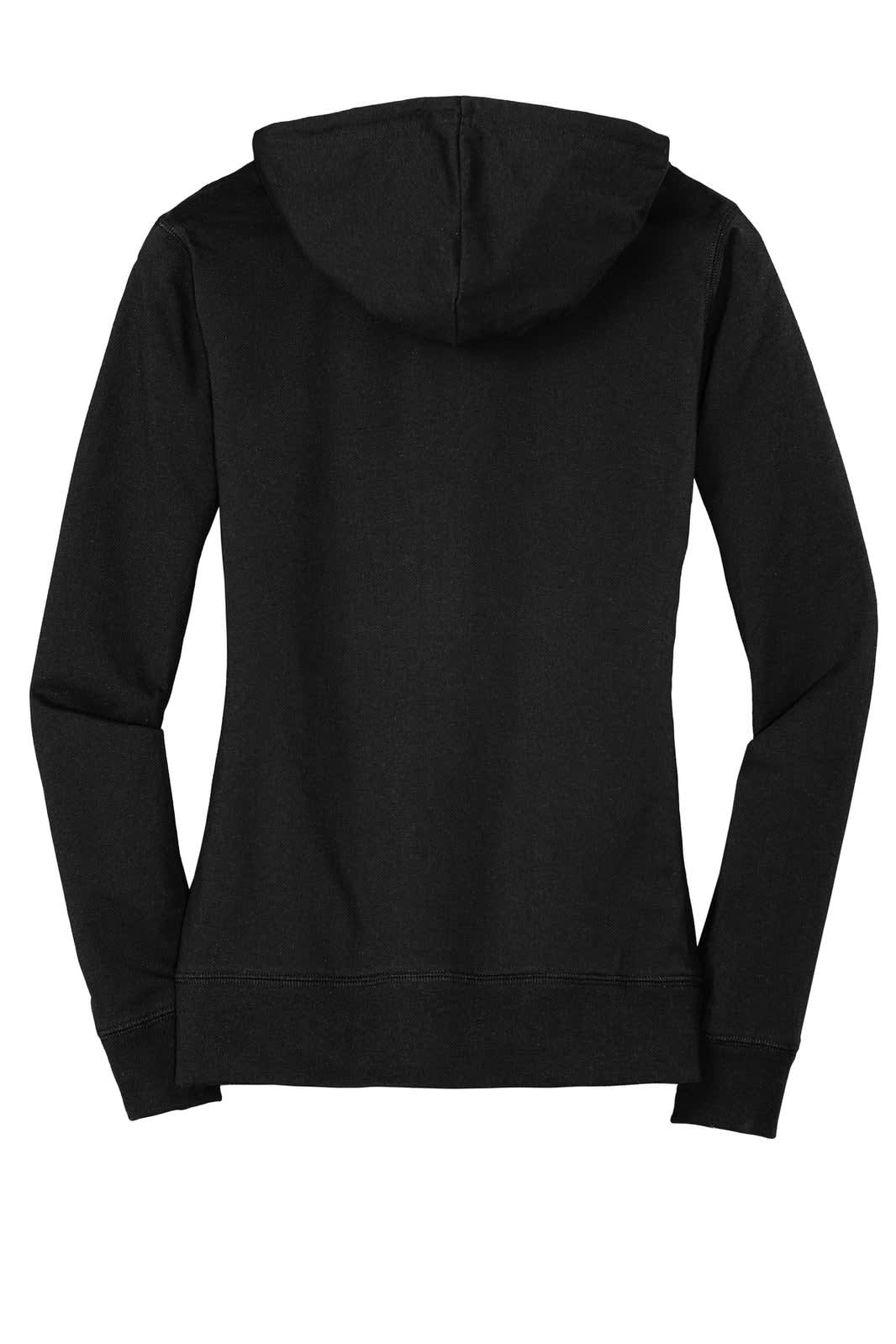 A black juniors full-zip hoodie with a hood and long sleeves, featuring a branding logo.