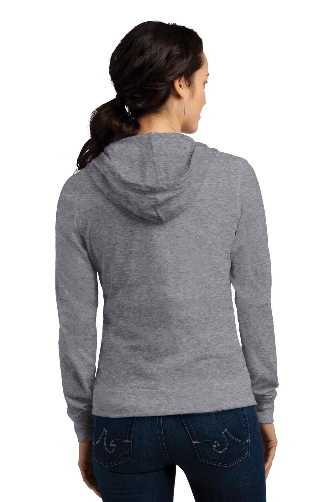 A grey full-zip hoodie with a jersey finish and a hood, featuring a branding logo.