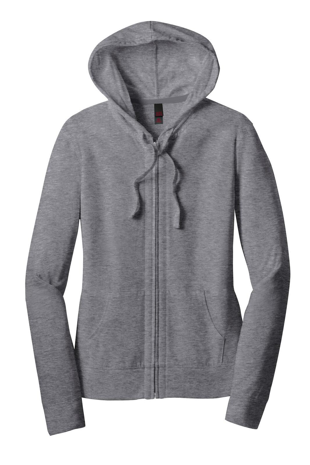 A grey full-zip hoodie with a hood and drawstrings, featuring a logo on the front.