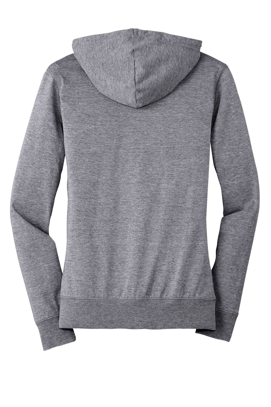 A full-zip hoodie in soft grey with a hood and long sleeves, featuring a subtle logo on the back.