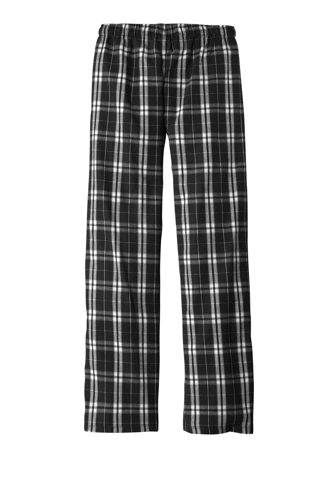 A pair of women's flannel pants in a black and white plaid pattern, featuring an elastic waistband.