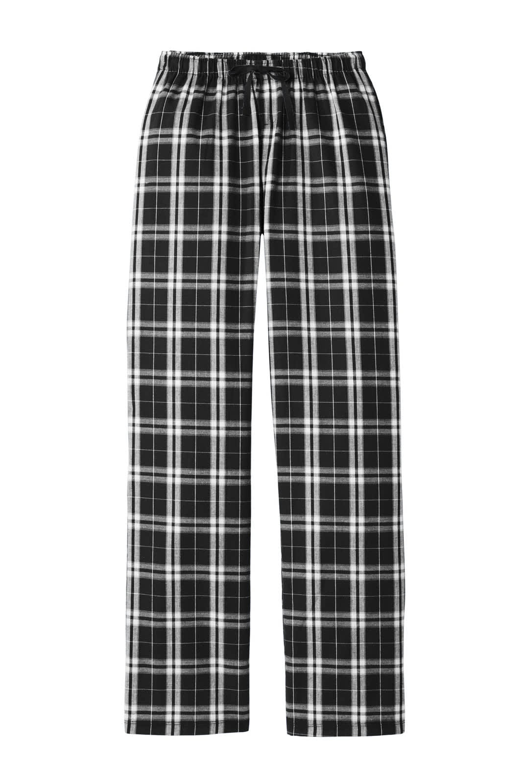 A pair of black and white plaid flannel pants with an elastic waistband and a relaxed fit.