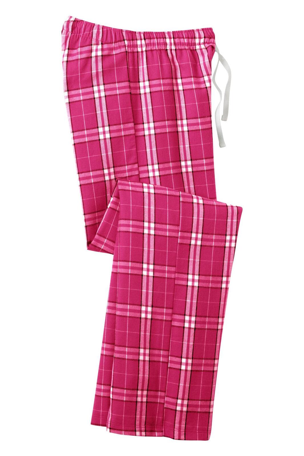 A pair of pink plaid flannel pants with an elastic waistband and drawstring. Features a logo.