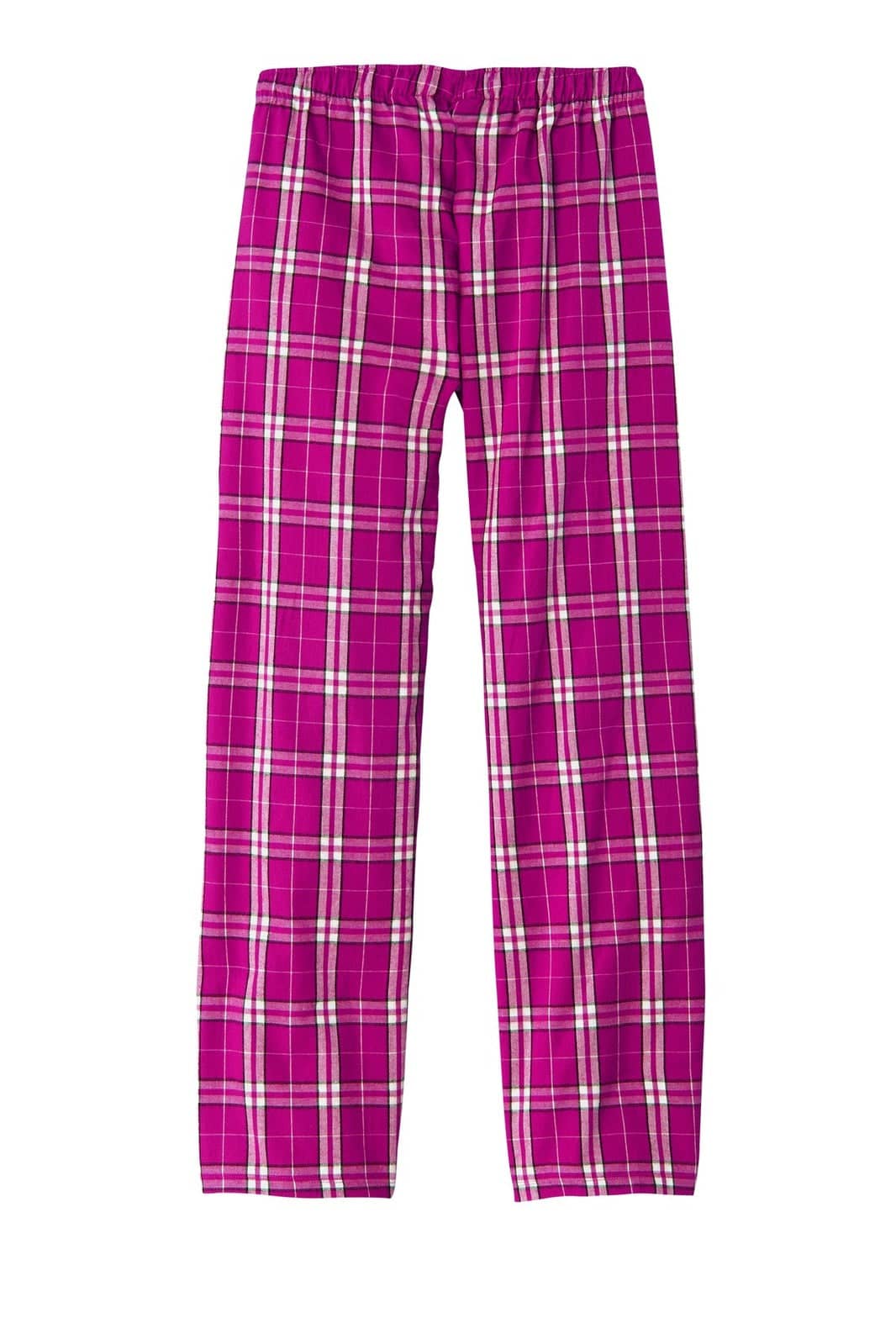 A pair of women's flannel plaid pants in vibrant pink and white, featuring an elastic waistband and a casual fit.