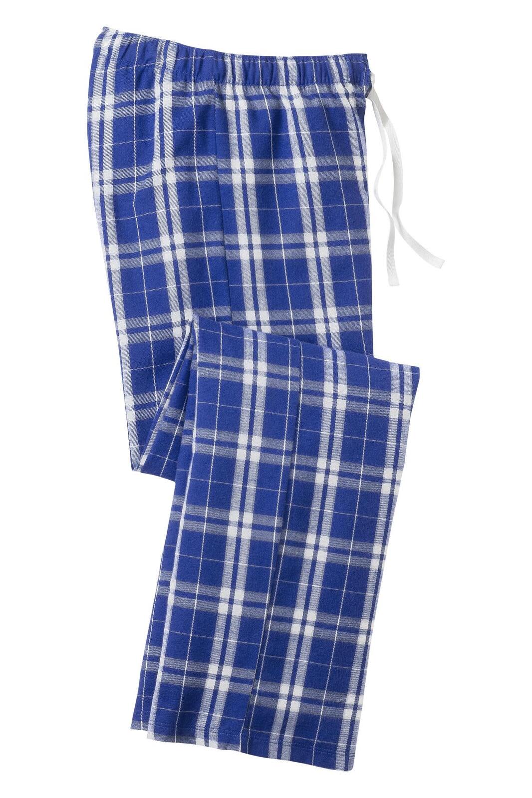 A pair of blue and white plaid flannel pants with an elastic waistband. Features a logo.