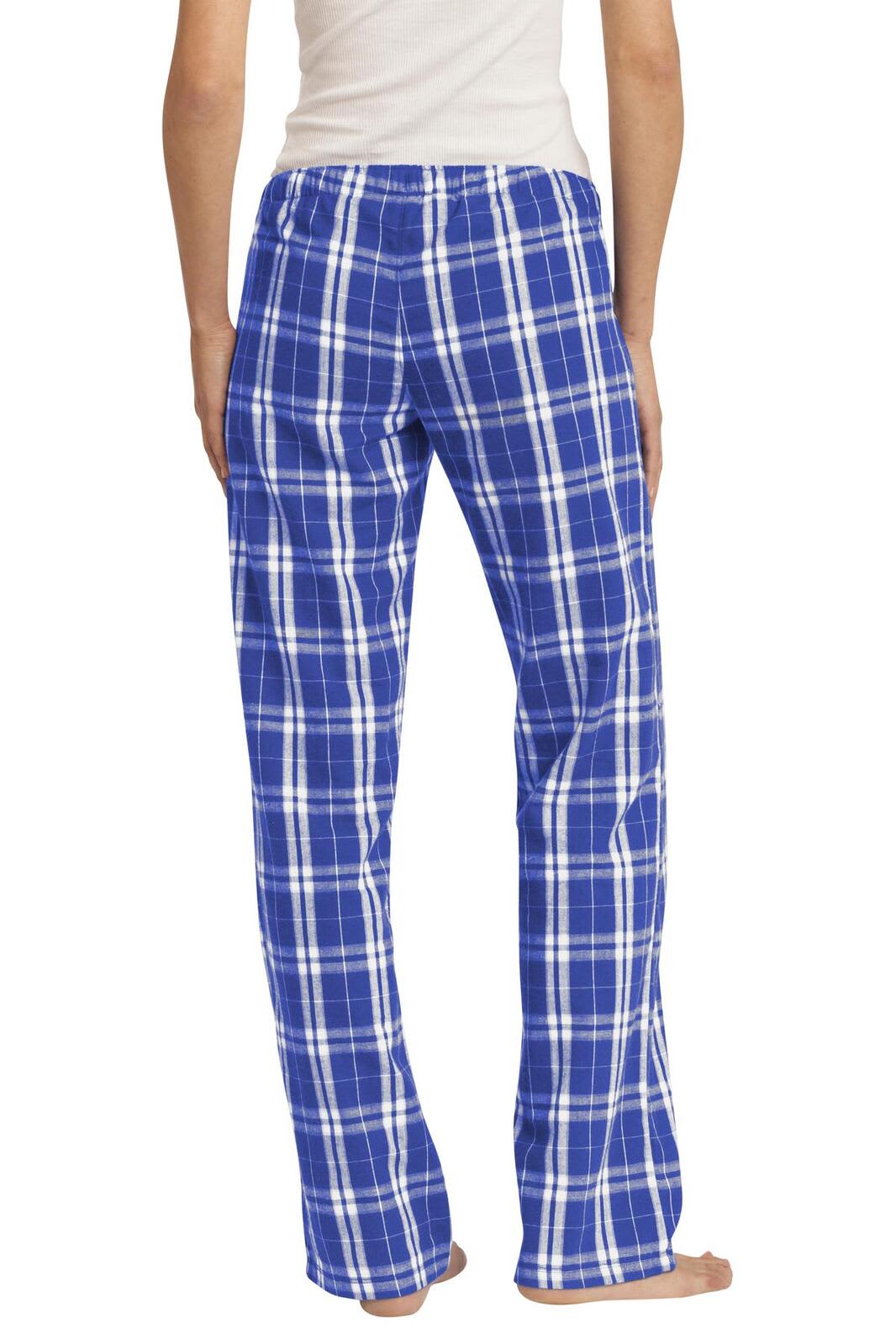 A pair of women's flannel plaid pants in blue and white, featuring a relaxed fit and a logo on the waistband.