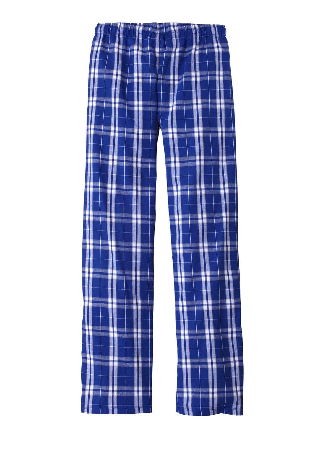 A pair of blue and white plaid flannel pants with an elastic waistband. The pants have a loose fit and a checkered pattern.
