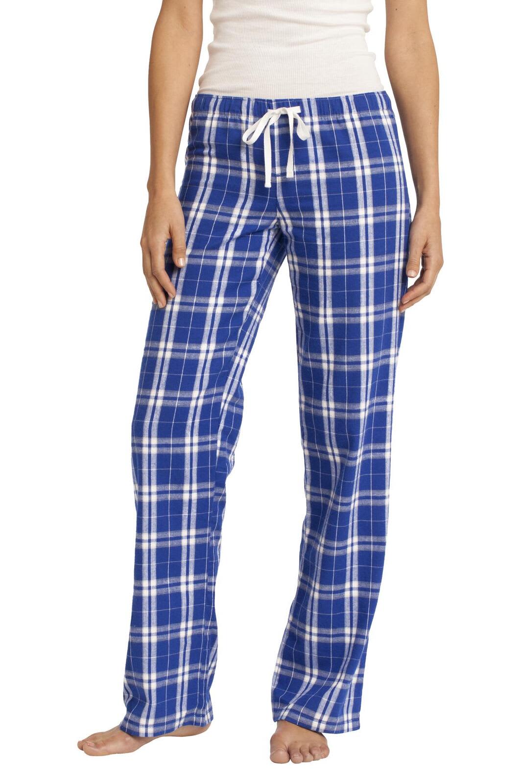 Blue and white plaid flannel pants featuring a drawstring waist and a logo.