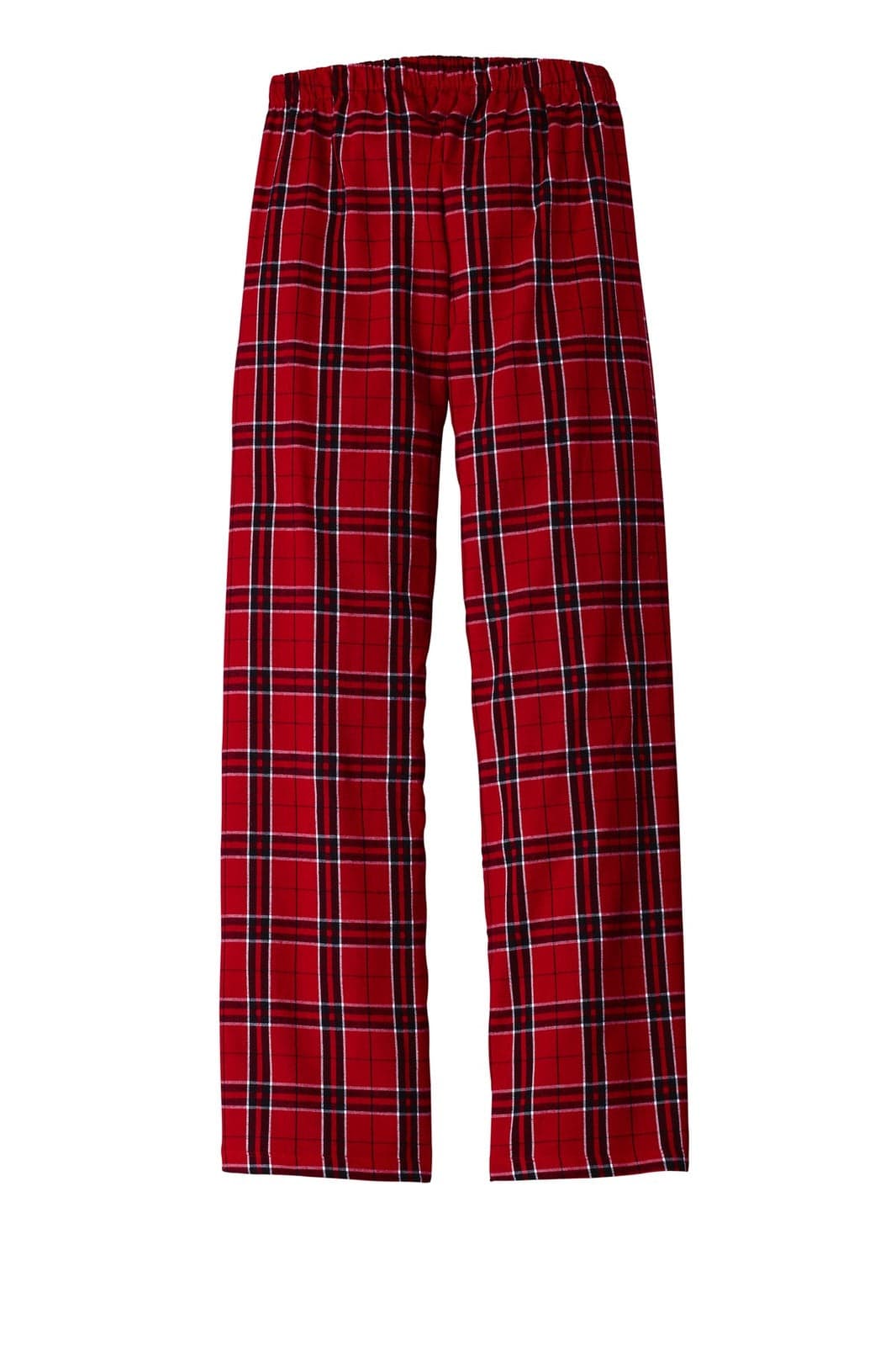 Red plaid flannel pants with an elastic waistband, featuring a classic check pattern in black and white.