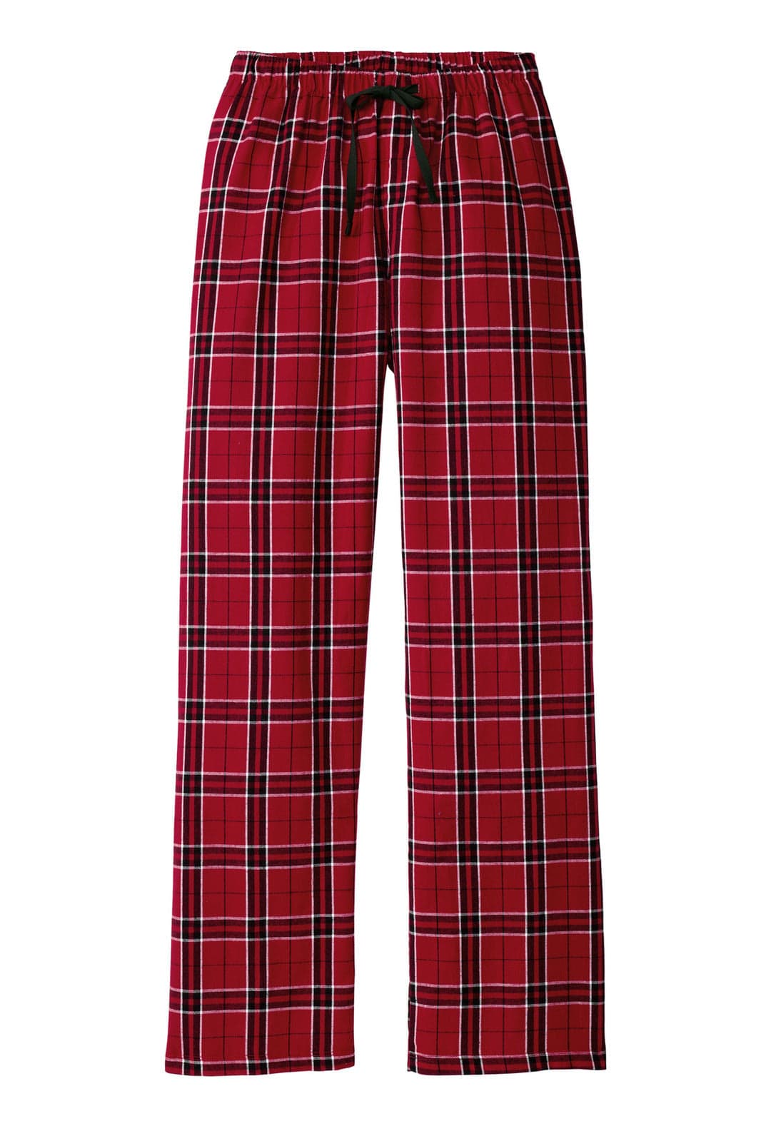 A pair of red plaid flannel pants featuring a drawstring waist. The fabric displays a classic check pattern.