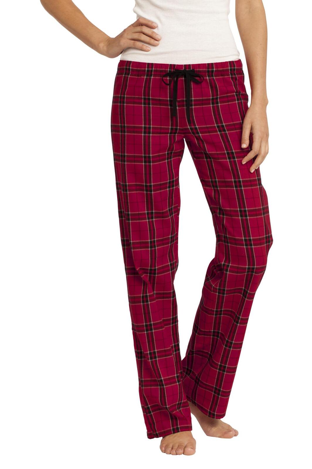 A pair of women's plaid pants in red with black and green accents, featuring a drawstring waistband.