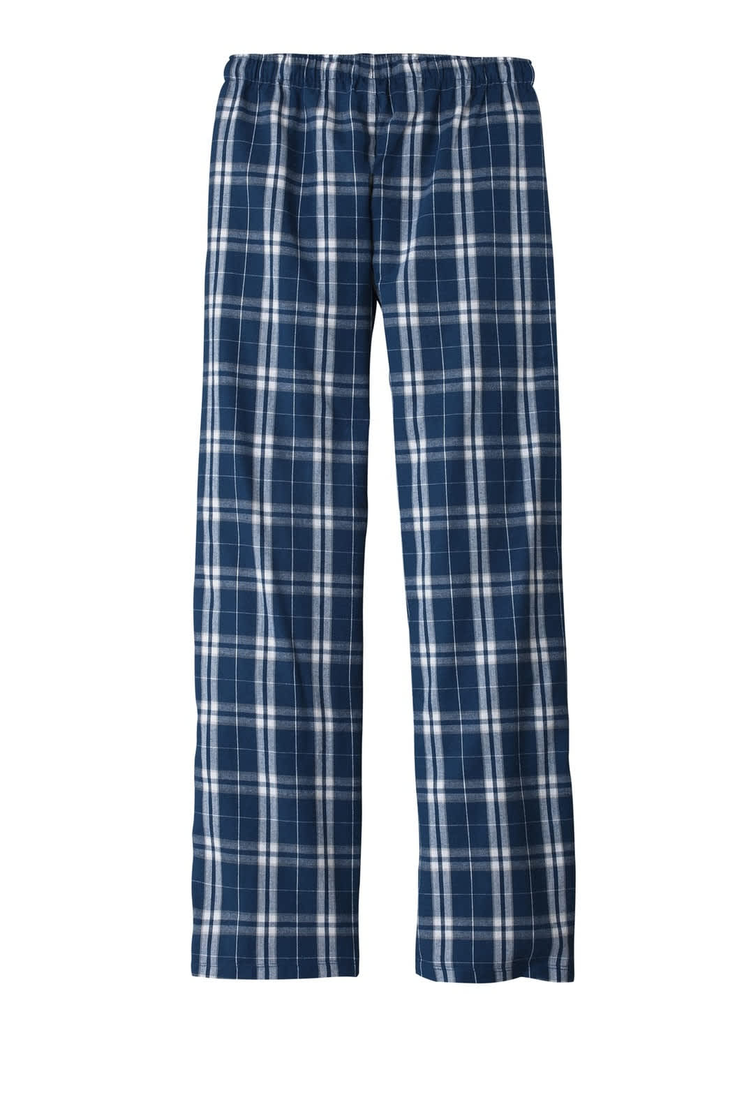 Flannel plaid pants in navy and white with an elastic waistband, featuring a subtle logo. Suitable for casual wear.