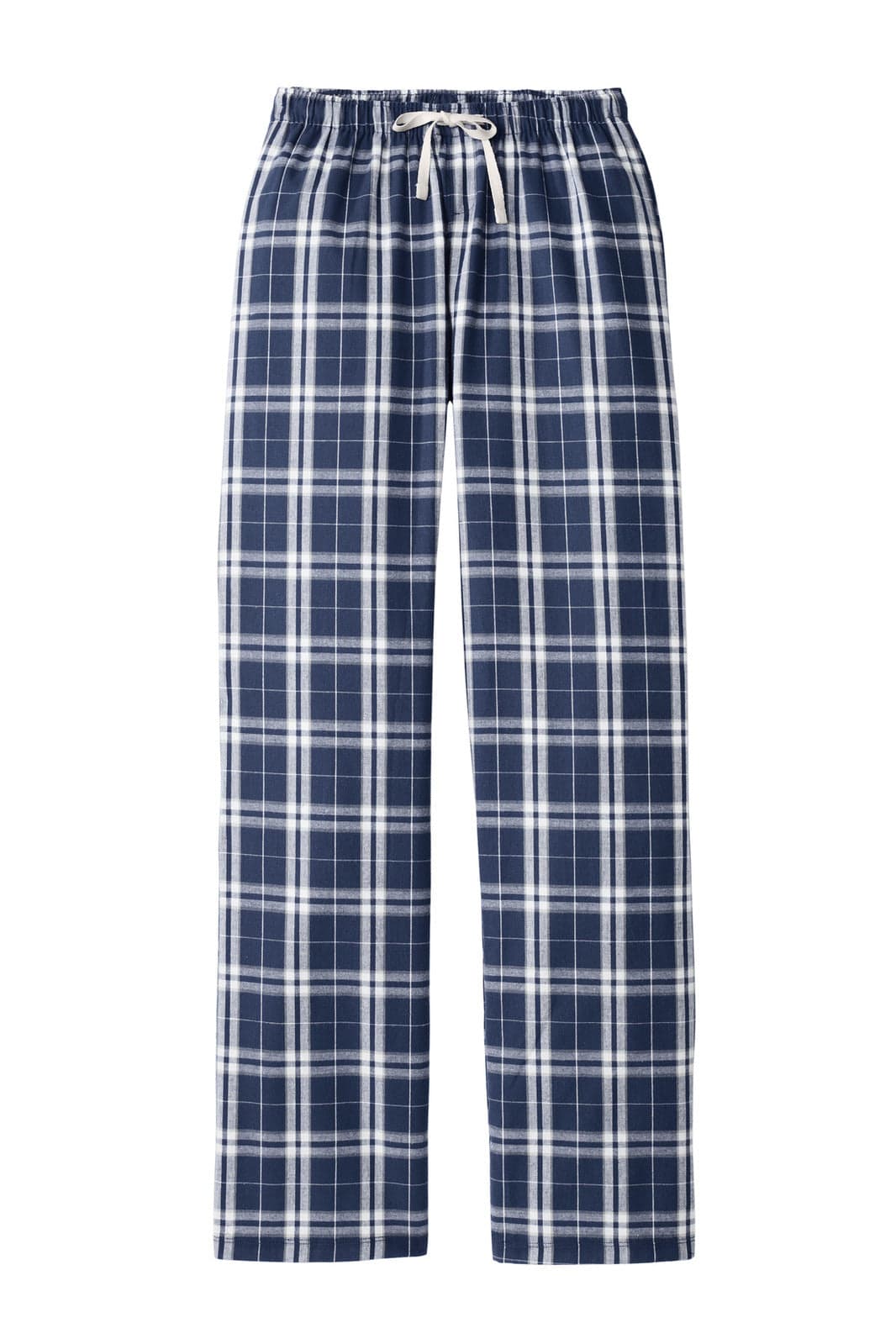A pair of women's flannel plaid pants in navy blue and white with an elastic waistband and drawstring.