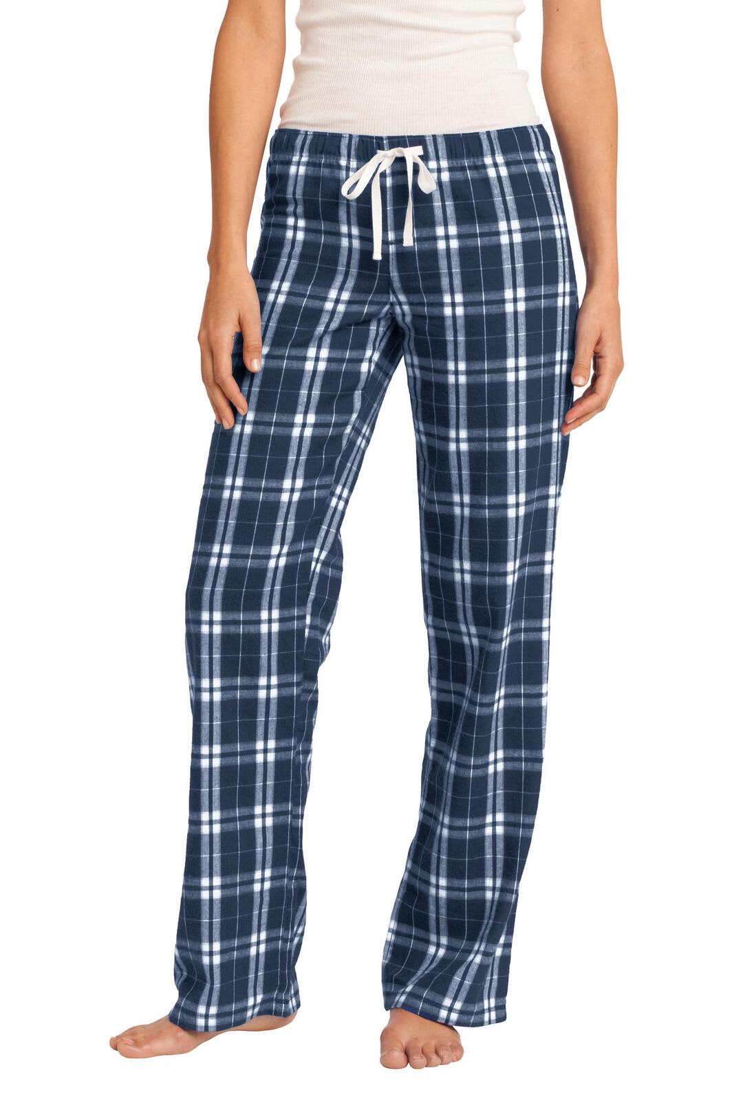A pair of navy blue and white plaid flannel pants with a drawstring waist, featuring a logo.