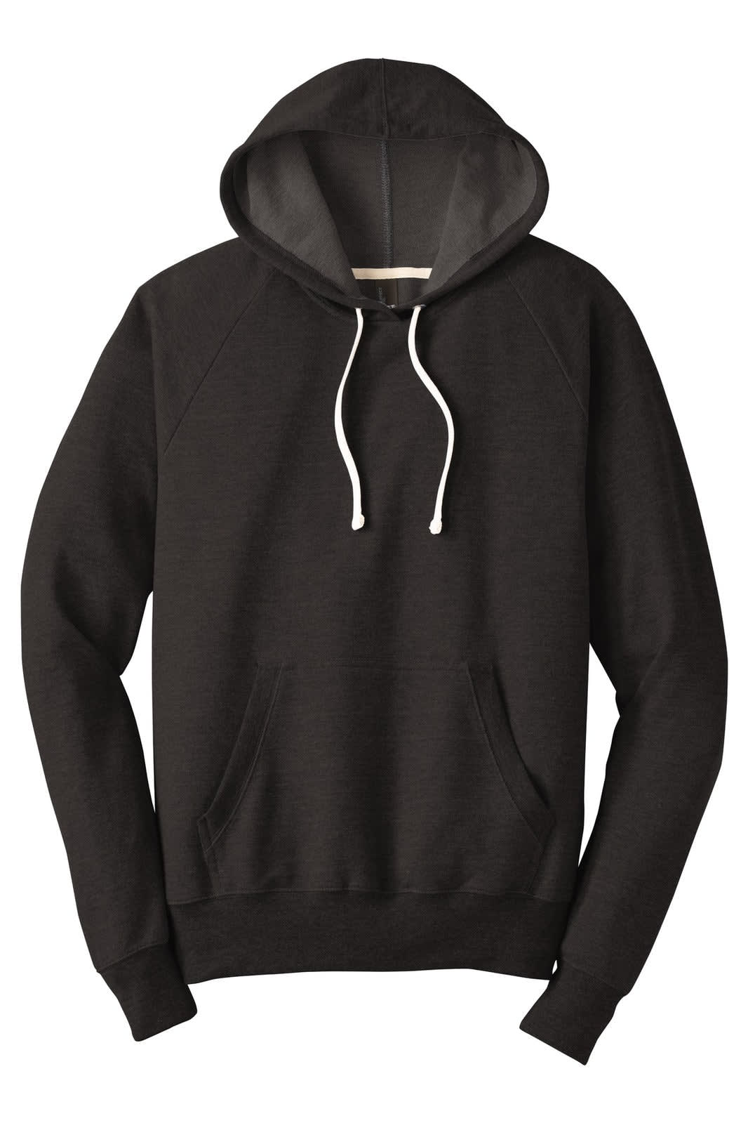 A black hoodie with a drawstring, front pocket, and long sleeves. It features a logo on the chest.