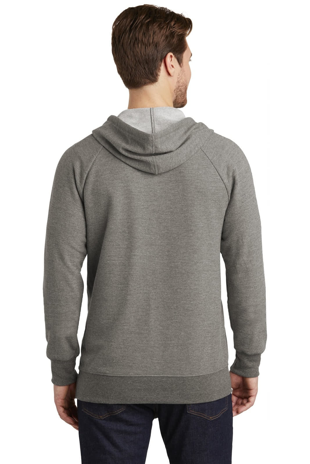 A grey hoodie with a hood, featuring a relaxed fit and ribbed cuffs. It has a branding logo on the back.